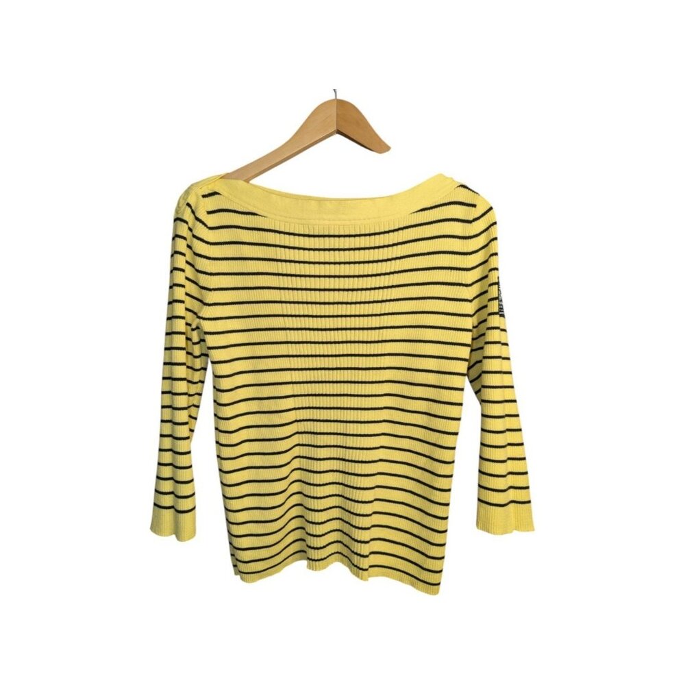 LRL Lauren Jeans Size L Yellow Striped Sweater Patch Crest Logo Boat Neck Button